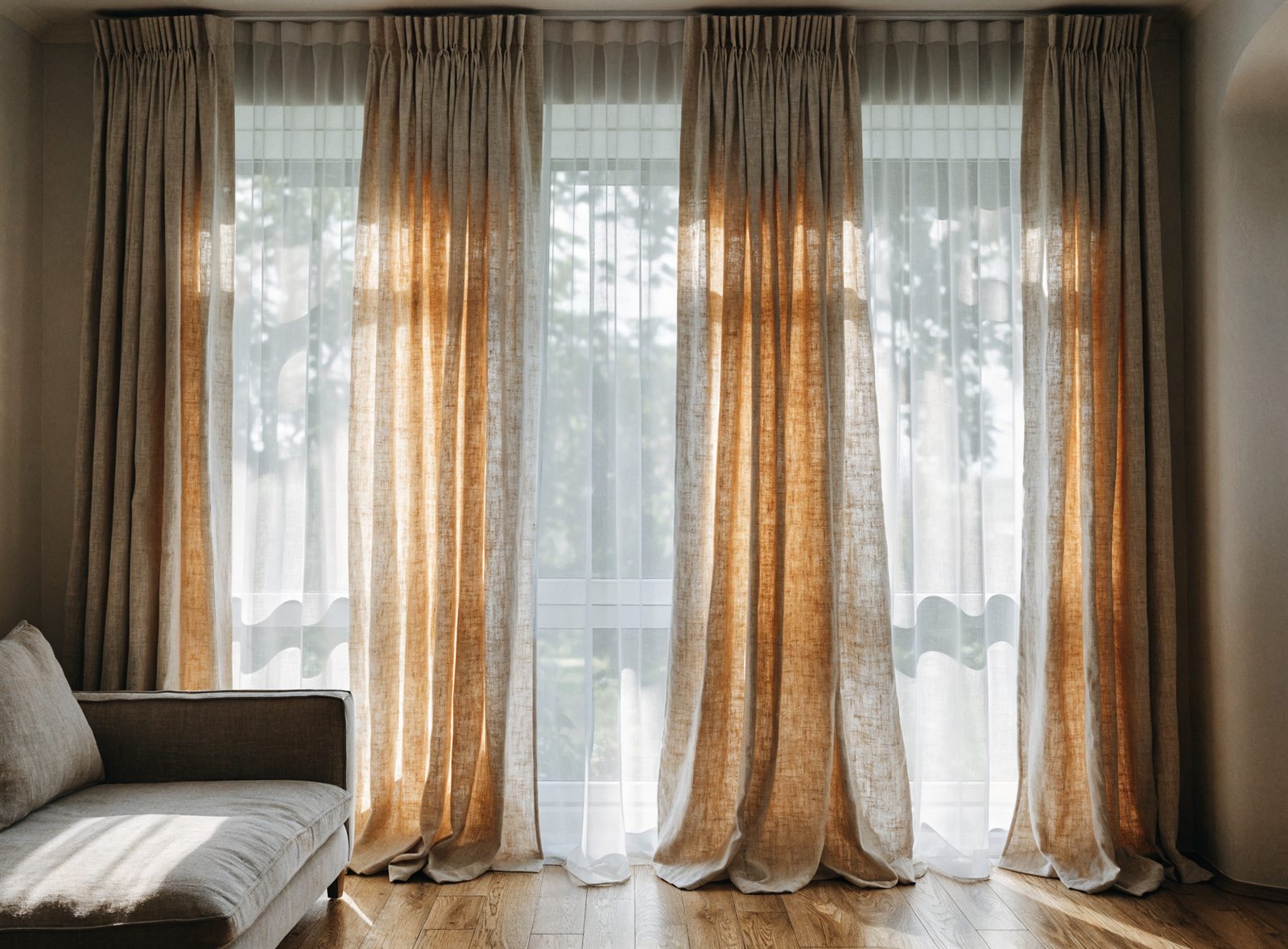 Living con cortinas de lino a medida de piso a techo