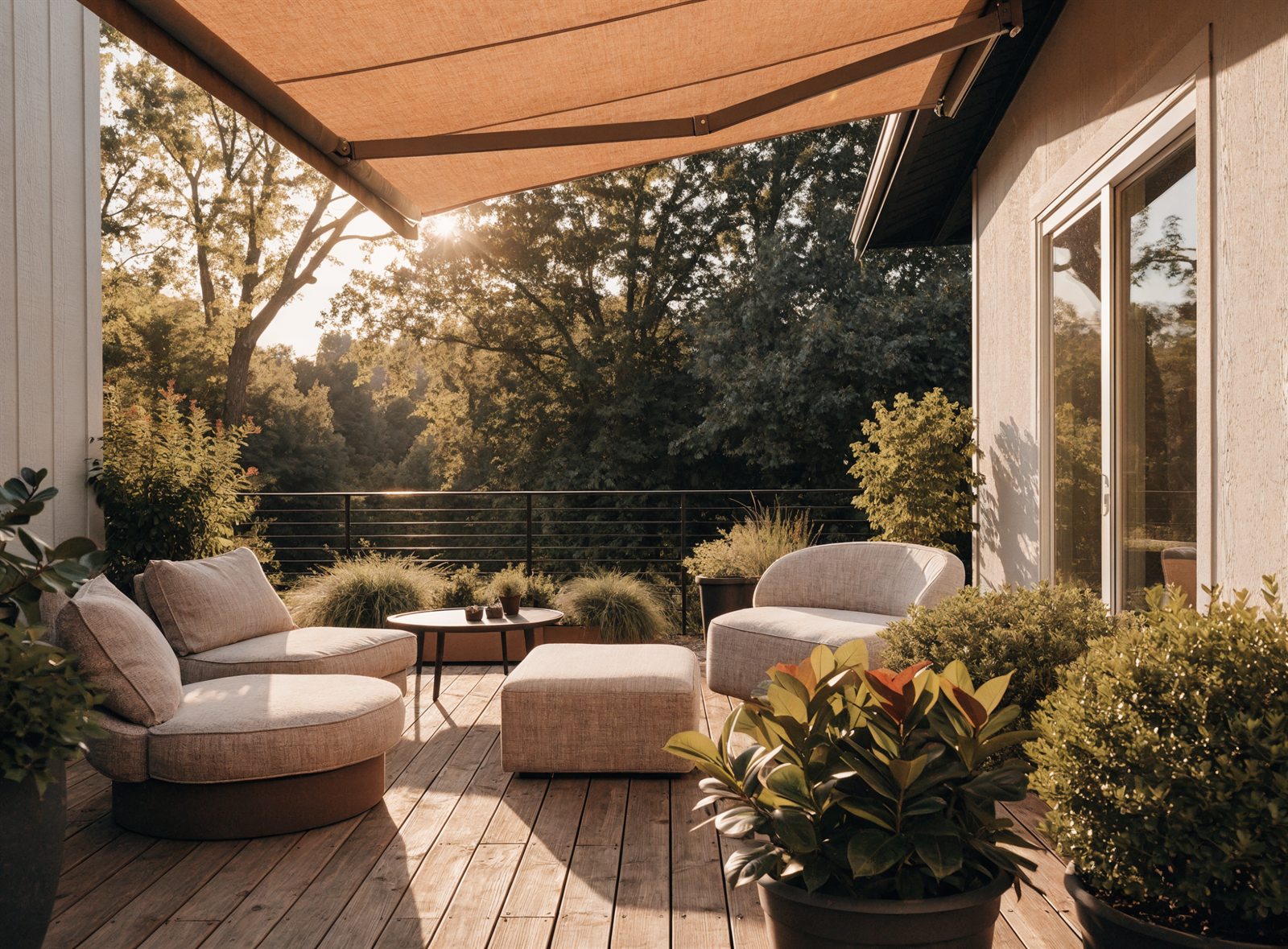 Patio con toldo a medida al atardecer